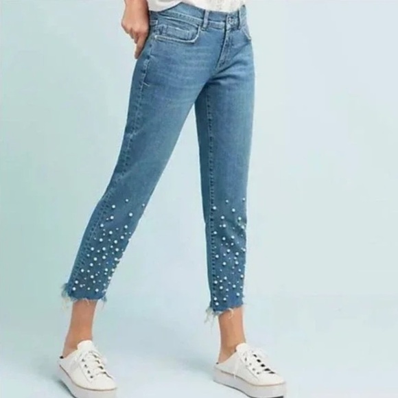 Pilcro And The Letterpress Jeans 26 Blue Hyphen Pearl Studded Mid Rise Raw Hem - Picture 1 of 11
